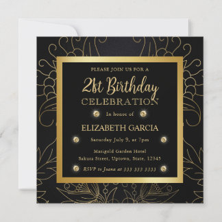 Eleganter Schwarz und Gold Botanischer 21. Geburts Einladung