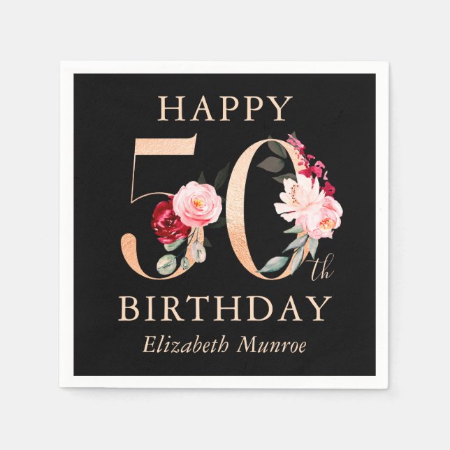 Eleganter Schwarz und Gold Floral Happy 50. Geburt Serviette (Vorderseite)
