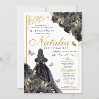 Eleganter Schwarz und Gold Floral Quinceanera Gebu Einladung