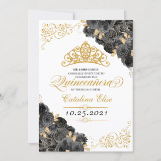 Eleganter Schwarz und Gold Floral Quinceanera Gebu Einladung