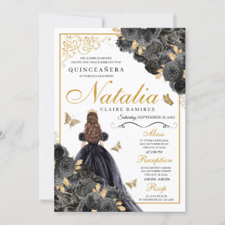 Eleganter Schwarz und Gold Floral Quinceanera Gebu Einladung