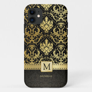 Eleganter Schwarz-und Golddamast mit Monogramm Case-Mate iPhone Hülle
