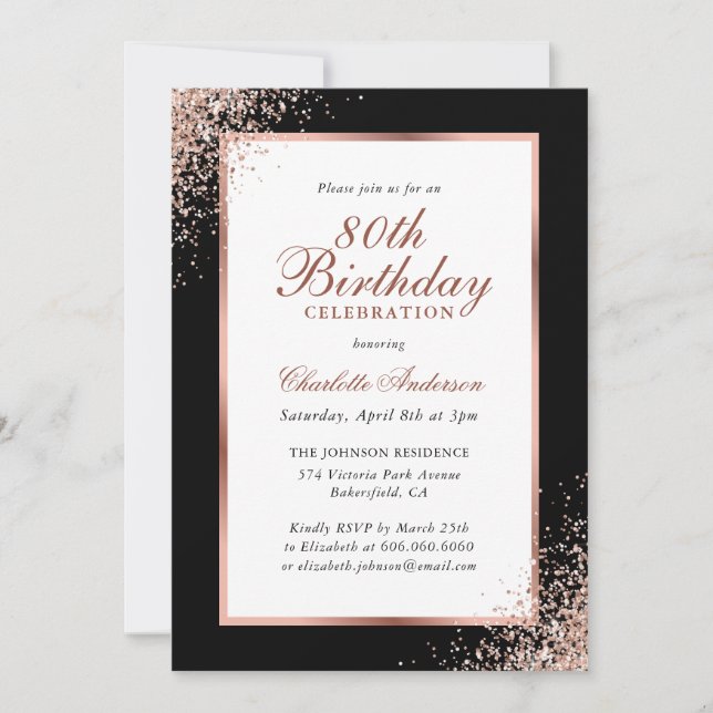 Eleganter Schwarz und Rose Gold Confetti 80. Gebur Einladung (Vorderseite)