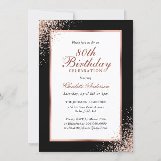Eleganter Schwarz und Rose Gold Confetti 80. Gebur Einladung