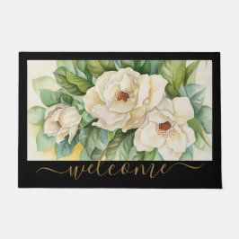 Eleganter Schwarz und Tan Magnolia Flora Willkomme Fußmatte