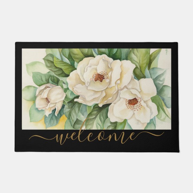 Eleganter Schwarz und Tan Magnolia Flora Willkomme Fußmatte (Vorderseite)