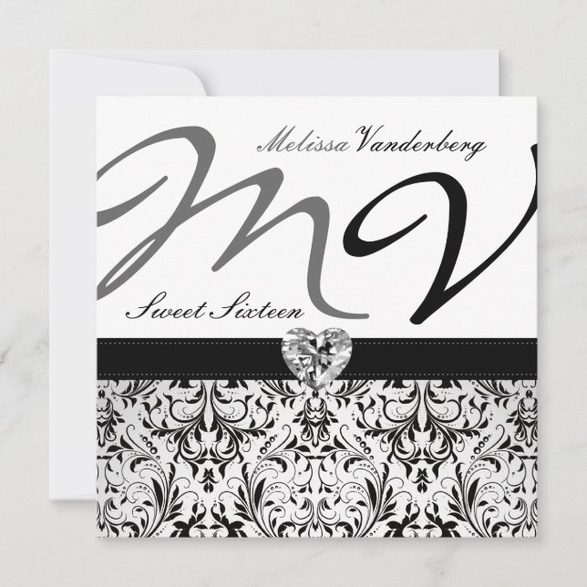 Eleganter Schwarz-Weiß-Damask 16 . Geburtstag Einladung (Vorderseite)