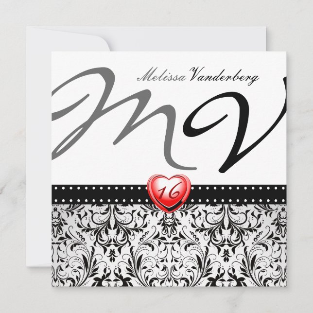 Eleganter Schwarz-Weiß-Damask 16 . Geburtstag Einladung (Vorderseite)