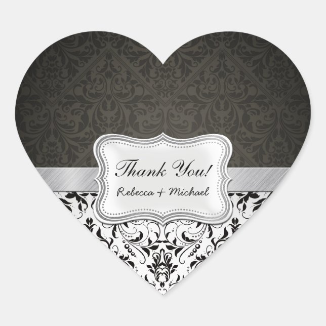 Eleganter Schwarz-Weiß Damask Vielen Dank Herz-Aufkleber (Vorderseite)