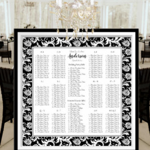 Eleganter Schwarz Weiß Damast Hochzeits-Sitzplan Poster