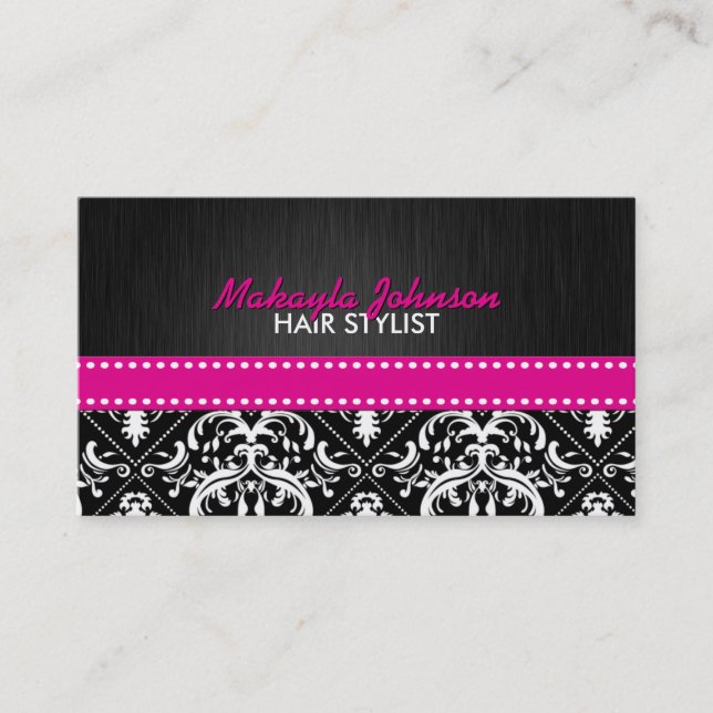 Eleganter Schwarz-Weiß-Damast mit Hot Pink Ribbon Terminkarte (Vorderseite)