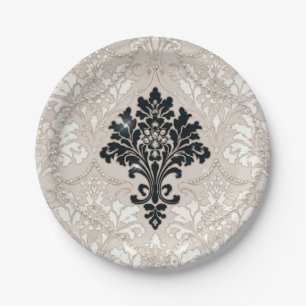 Eleganter Schwarz Weiß Damast Perlen Papier Teller