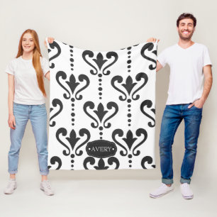 Eleganter Schwarz-Weiß-Damast Personalisiert Fleecedecke