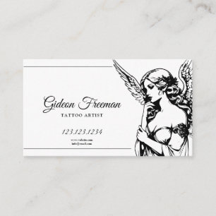 Eleganter Schwarz-Weiß-Engel Tattoo Artist Visitenkarte