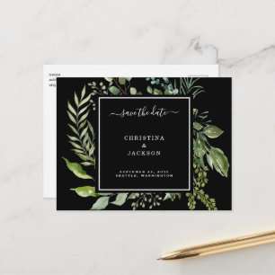Eleganter Schwarz-Weiß-Eukalyptus Save the Date QR Ankündigungspostkarte