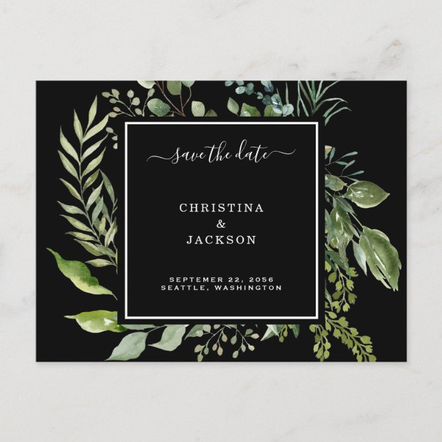 Eleganter Schwarz-Weiß-Eukalyptus Save the Date QR Postkarte (Vorderseite)