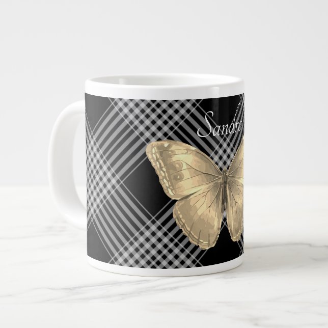 Eleganter Schwarz-Weiß-Goldener Schmetterling Jumbo-Tasse (Vorderseite Links)