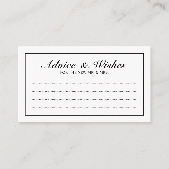 Eleganter Schwarz-Weiß-Hochzeitbeirat und Wünsche Hinweiskarte (Vorderseite)