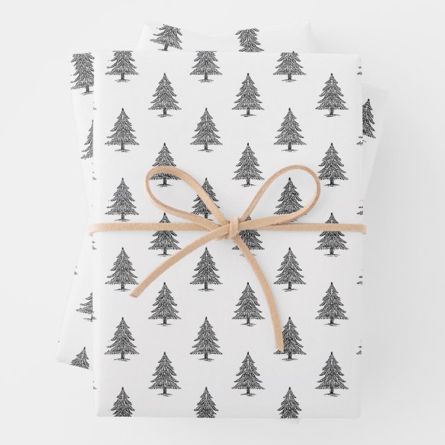 Eleganter Schwarz-Weiß-Jahrgang Weihnachtsbaum Geschenkpapier Set (Beispiel)