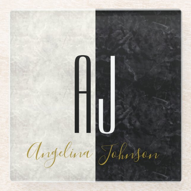 Eleganter Schwarz-Weiß-Marmor Mit Monogramm Glasuntersetzer (Vorderseite)