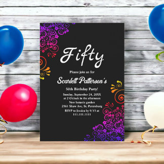 Eleganter Schwarz-Weiß Neon Floral 50. Geburtstag Einladung