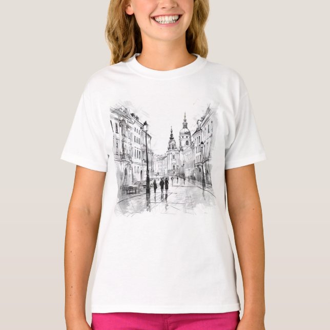 Eleganter Schwarz-Weiß-Prag-T - Shirt für sie (Vorderseite)
