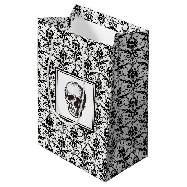 Eleganter Schwarz-Weiß-Schädeldamast Mittlere Geschenktüte (Vorderseite Schrägansicht)