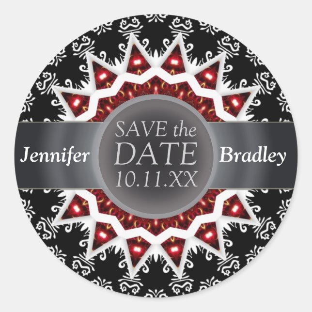 Eleganter Schwarz/Weiß-Stern-Flamme-Save the Date- Runder Aufkleber (Vorderseite)