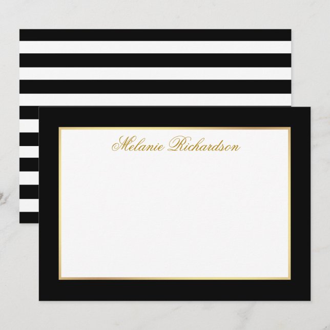 Eleganter Schwarz-Weiß Streifen Gold Rahmen Mitteilungskarte (Vorne/Hinten)