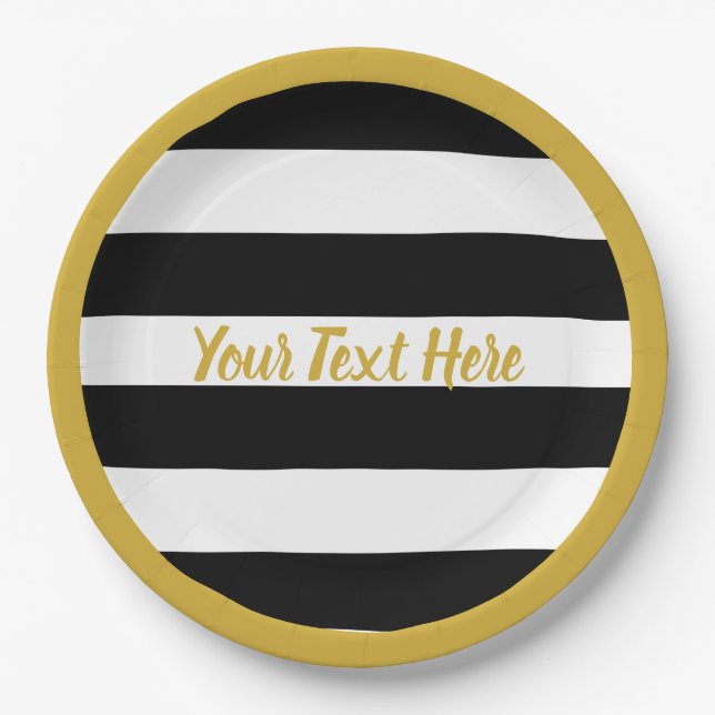 Eleganter Schwarz-Weiß-Streifen Gold-Script-Text Pappteller (Vorderseite)