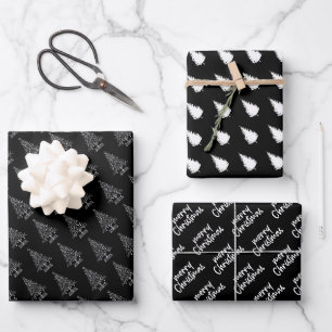 Eleganter Schwarz-Weiß-Weihnachtsbaum Geschenkpapier Set