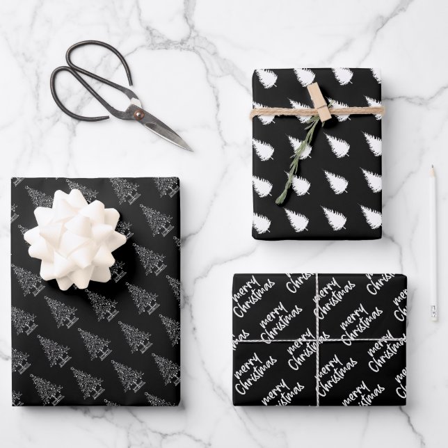 Eleganter Schwarz-Weiß-Weihnachtsbaum Geschenkpapier Set (Vorderseite)