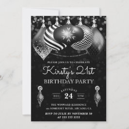 Eleganter Schwarz-Weiß Winter Baubles Geburtstag Einladung