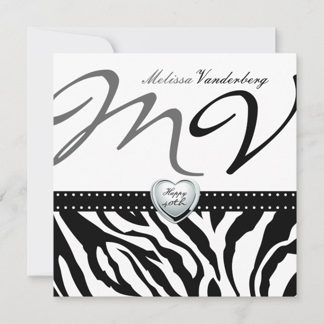 Eleganter Schwarz-Weiß Zebra Happy 40. Bithday Einladung (Vorderseite)