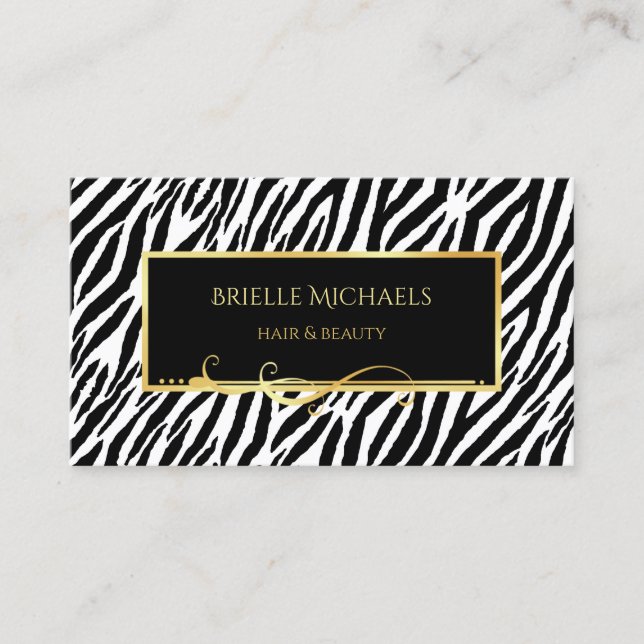 Eleganter Schwarz-Weiß Zebra Print Gold Salon Visitenkarte (Vorderseite)