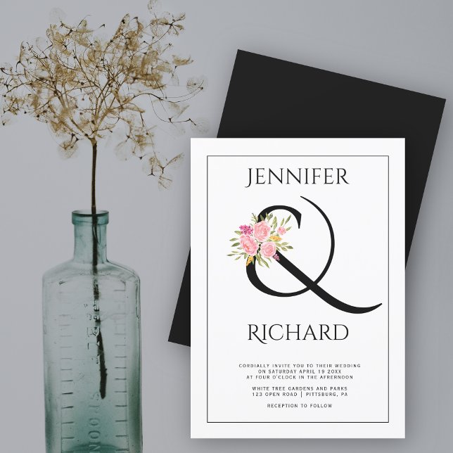 Eleganter Schwarz-weißer Ampersand, rosa Rosen Hoc Einladung (Von Creator hochgeladen)