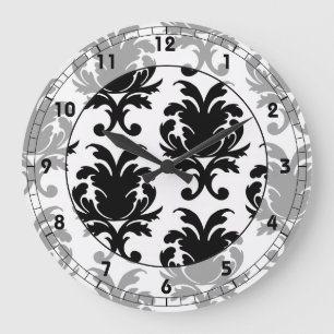 eleganter schwarz-weißer Damast Große Wanduhr