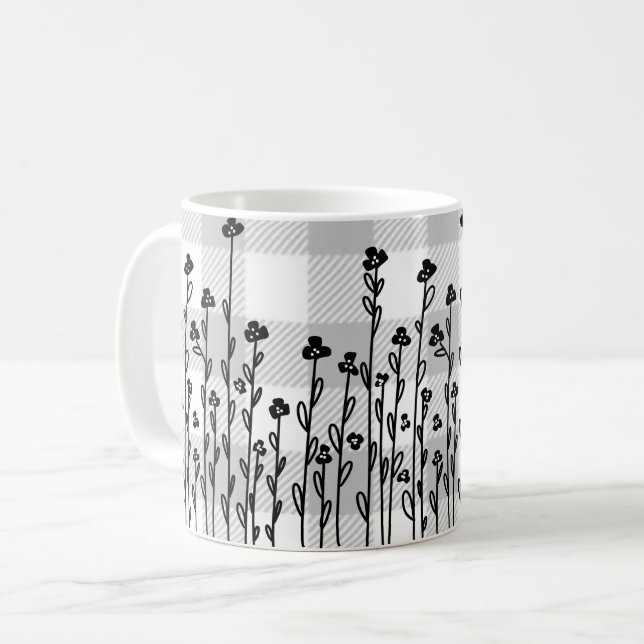 Eleganter Schwarz-weißer Dodle-Gingham Kaffeetasse (Vorderseite Links)
