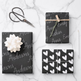 Eleganter Schwarz-weißer Familienname Herzchen Wei Geschenkpapier Set