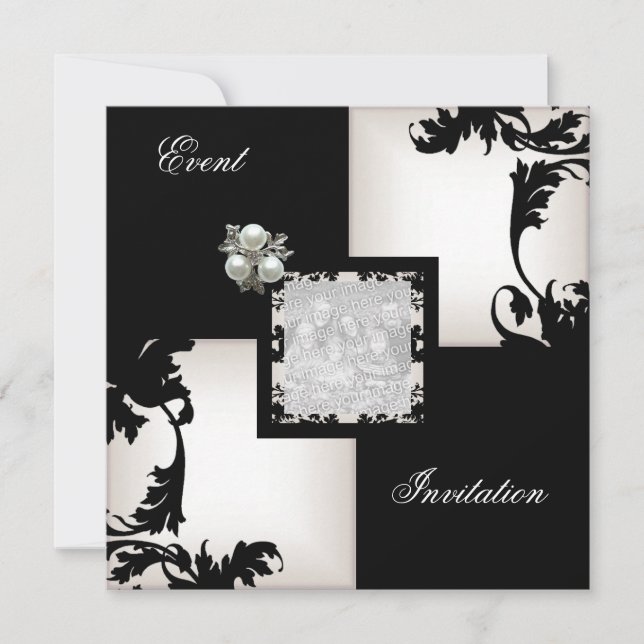 Eleganter Schwarz-weißer floraler Karo Pearl Jewel Einladung (Vorderseite)