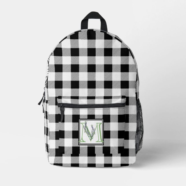 Eleganter Schwarz-weißer Gingham-Brief Bedruckter Rucksack (Vorderseite)