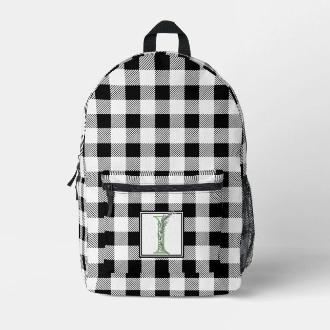 Eleganter Schwarz-weißer Gingham-Brief I botanisch Bedruckter Rucksack (Vorderseite)