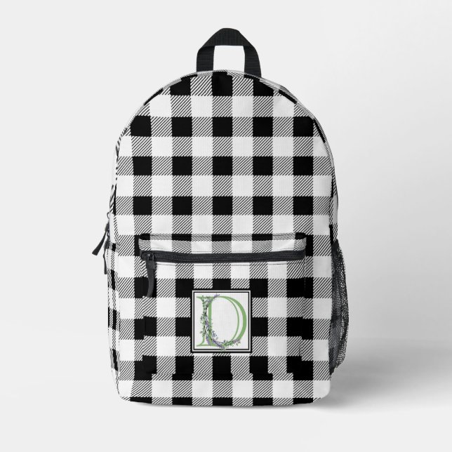 Eleganter Schwarz-weißer Gingham-Buchstabe D botan Bedruckter Rucksack (Vorderseite)