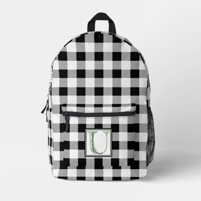 Eleganter Schwarz-weißer Gingham-Monogramm-Brief U Bedruckter Rucksack (Vorderseite)