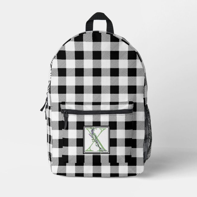 Eleganter Schwarz-weißer Gingham-Monogramm-Brief X Bedruckter Rucksack (Vorderseite)