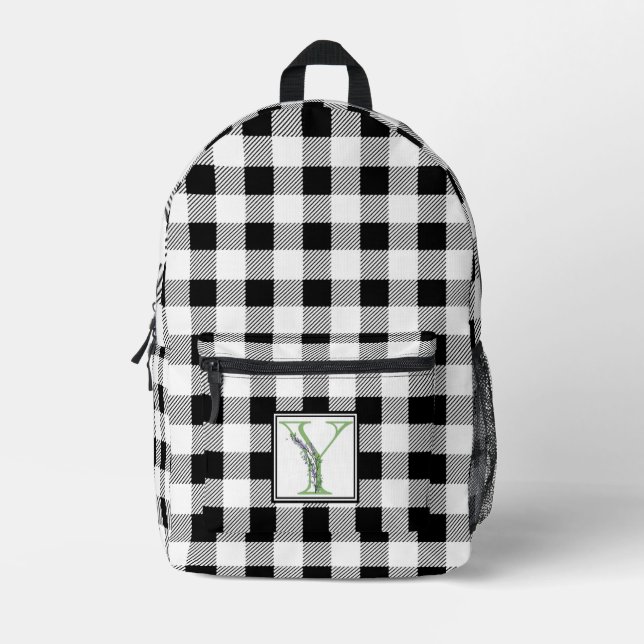 Eleganter Schwarz-weißer Gingham-Monogramm-Buchsta Bedruckter Rucksack (Vorderseite)