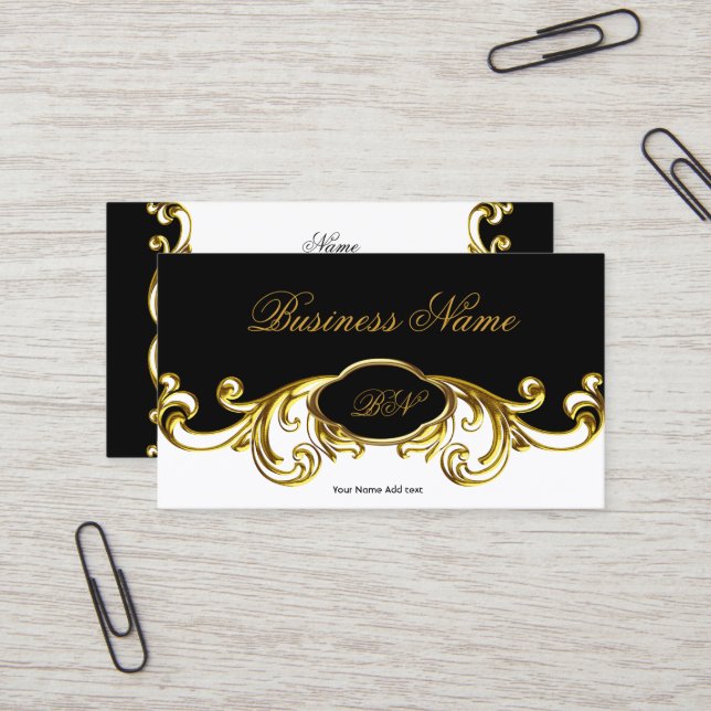 Eleganter Schwarz-weißer Goldfloralwirl Visitenkarte (Vorderseite/Rückseite Beispiel)