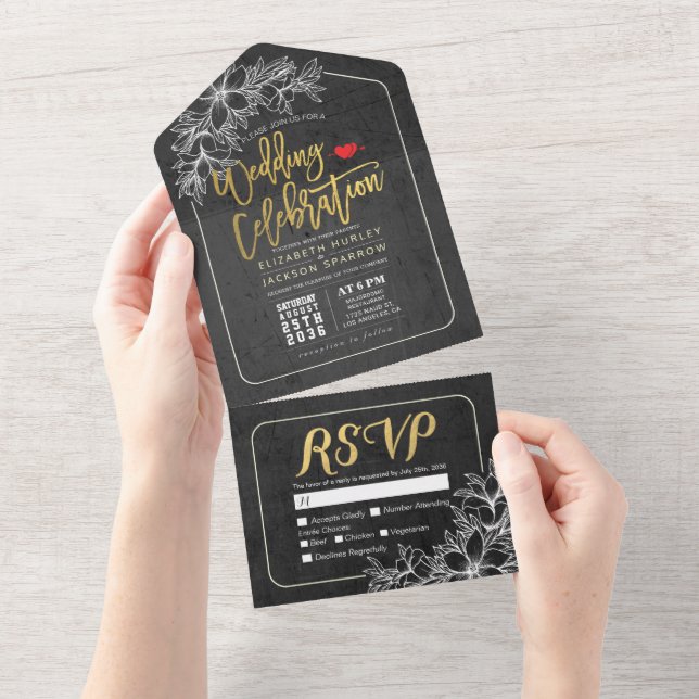 Eleganter Schwarz-weißer Goldflorrahmen-Hochzeitst All In One Einladung (Abreißen)