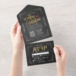 Eleganter Schwarz-weißer Goldflorrahmen-Hochzeitst All In One Einladung