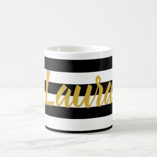 Eleganter Schwarz-weißer Goldskriptname mit Streif Kaffeetasse